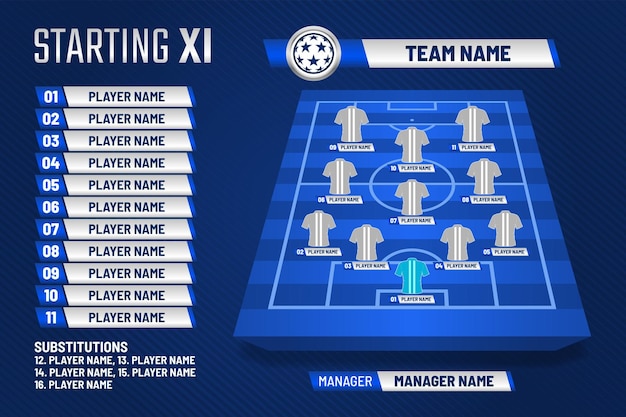 Calcio a partire dall'xi, grafica di calcio per la squadra di formazione di partenza di calcio, formazione di formazione di calcio