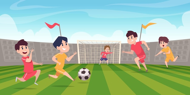 Football team kids playing with ball on stadium field exact vector cartoon background