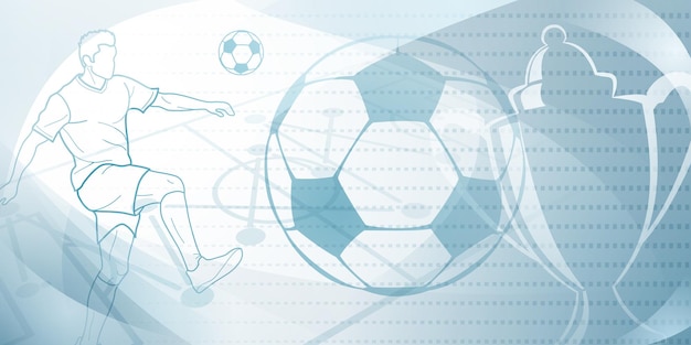 ベクトル サッカーをテーマにした灰色の背景に抽象的な点と曲線がありサッカー選手のスタジアムボールやカップなどのスポーツシンボルが描かれています