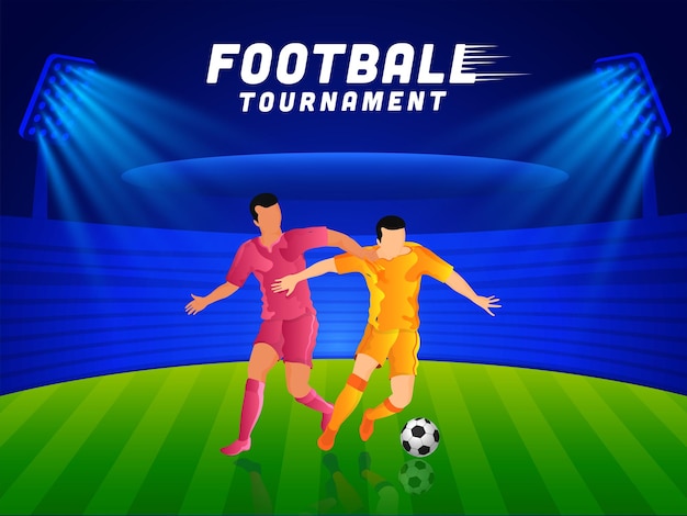 Vector football tournament concept with faceless footballer players of participating teams on blue and green stadium background