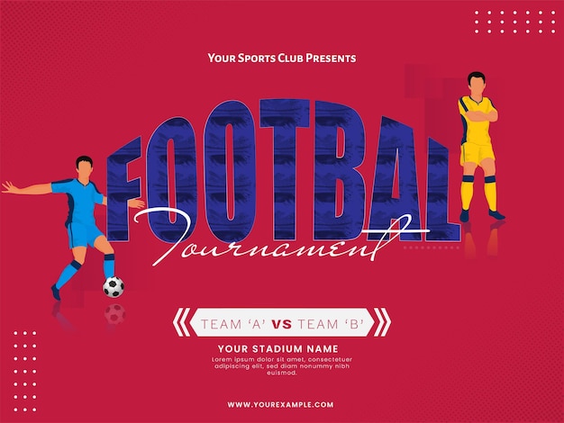 Vector football tournament font with faceless footballer players of participating team a b on red background