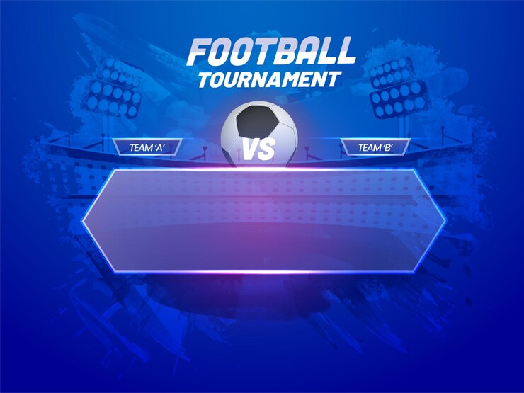 Vector football tournament poster design with participate team a vs b and empty glass frame on abstract blue stadium background.