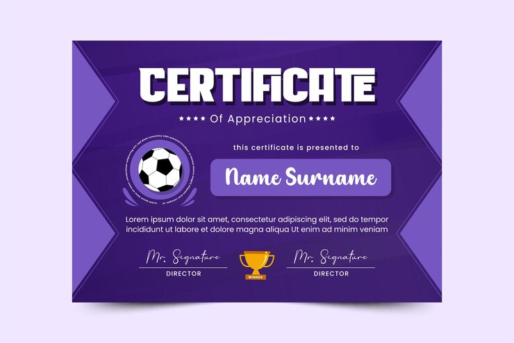Football tournament sport event certificate design template easy to customize simple and elegant design