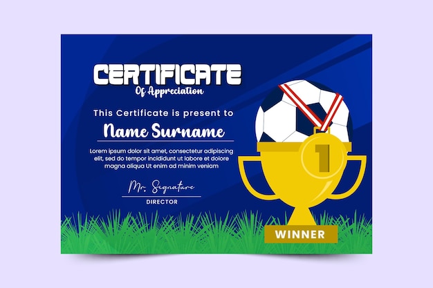 Football tournament sport event certificate design template easy to customize simple and elegant design