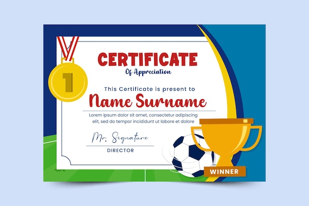 Vettore modello di progettazione del certificato di evento sportivo del torneo di calcio facile da personalizzare design semplice ed elegante