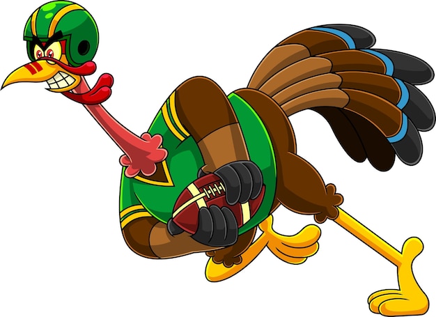 Football Turkey Bird Cartoon Character Running In Thanksgiving Super Bowl