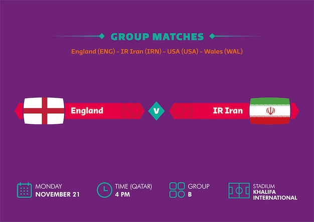 Football world cup, Qatar 2022. Match schedule of England vs Iran with flags. World cup.