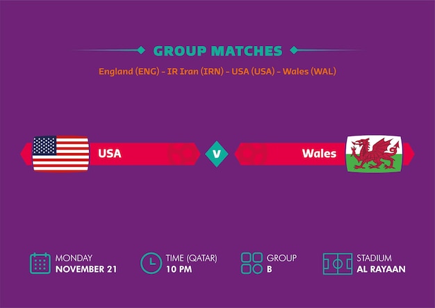 Football world cup, Qatar 2022. Match schedule of USA vs Wales with flags. World cup.