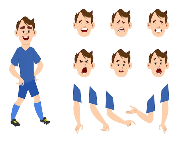 サッカー選手の漫画のキャラクターの異なるタイプの表情と手のセット