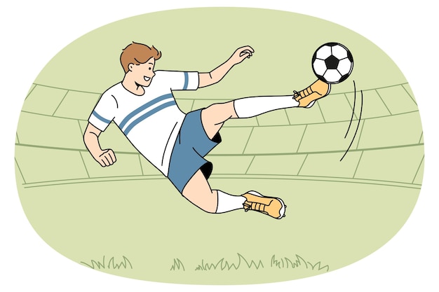 Footballer player kick ball at field Footballer in uniform score goal in match Sport and game concept Vector illustration