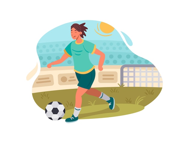 Footballer plays football. player with ball on green field. vector illustration