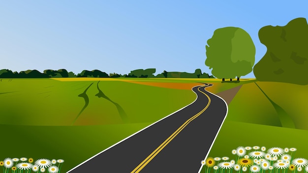 Vector footpath through the beautiful hills and pine forests cartoon landscape road