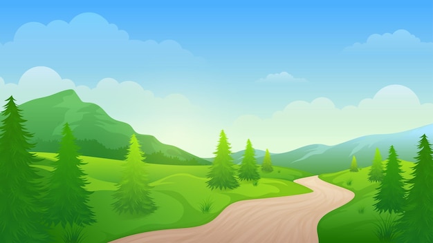 Footpath through the beautiful hills and pine forests cartoon landscape