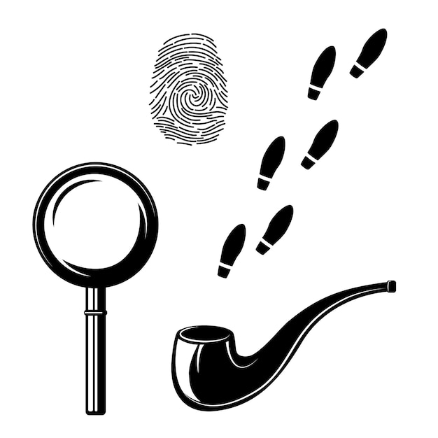 Footprint magnifying glass fingerprint and smoking pipe black and white illustrations of detective attributes vector set is isolated on white