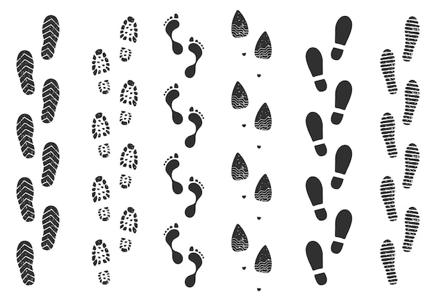 Footprint track human walking footstep trails silhouette vector set