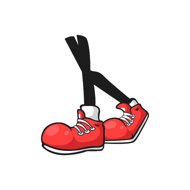 Foots in red shoes with shoelaces cartoon legs