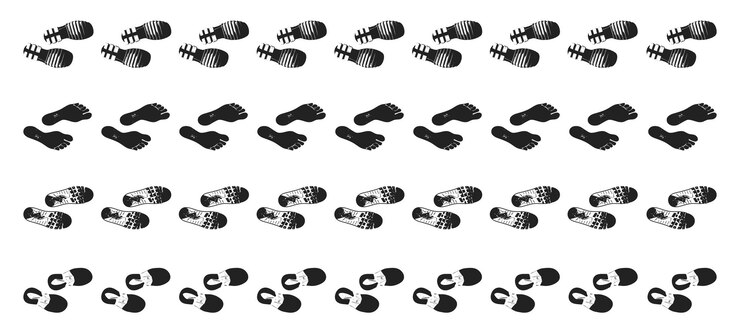 Vector footsteps pattern track walking step by step human walk barefoot and wear boots footstep black silhouettes footprints trails neoteric vector set