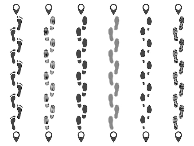 발자국 경로 추적 GPS 태그가 있는 걷는 방법 선 인간 신발 검정 단계 인쇄 일정 지도 시작 지점 및 목적지 부츠 및 스포츠 운동화 실루엣 벡터 격리 세트