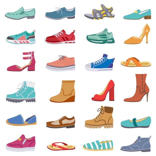 履物コレクション。男性と女性の靴、スニーカー、ブーツ、トレンディな冬、春の靴、エレガントな靴のイラストアイコンセット。女性の靴やスニーカー、ファッショナブルな靴