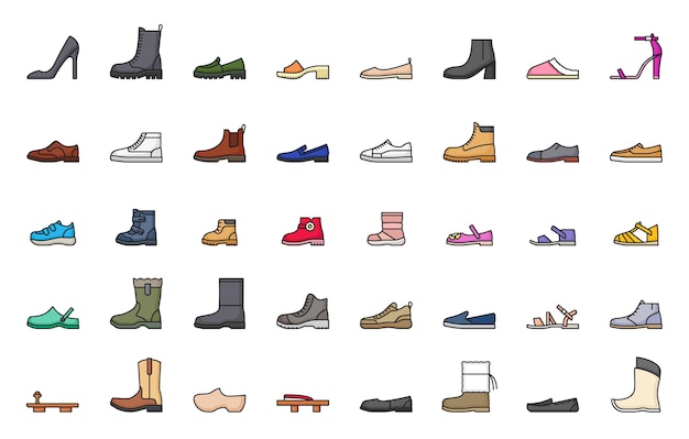 Footwear line icons shoes sneaker and boots vector fashion foot wear pictograms Shoes icons of sport sneakers women high heels and leather sandals kid flipflops and men loafer or clogs