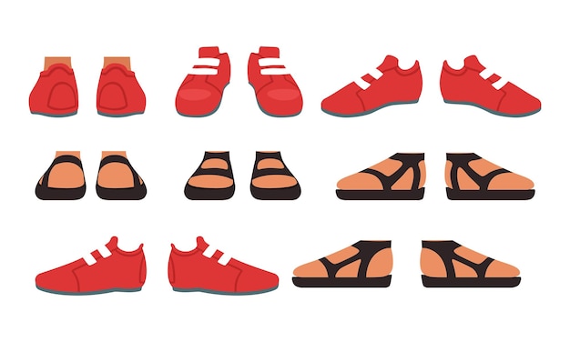 Vettore set di calzature maschile o femminile scarpe e sandali eleganti illustrazione vettoriale in stile cartone animato