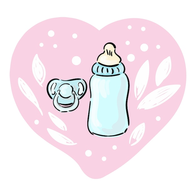 Fopspeen en fles melk op roze hart voor pasgeboren babymeisje Vector illustratie ontwerp voor mode stoffen textiel grafische prints