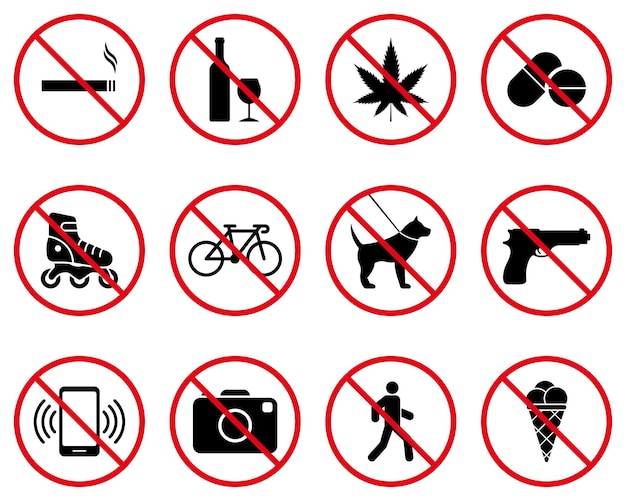 Forbidden Caution Pictogram Set Restriction Area Ban Black Silhouette Icon Collection Warning