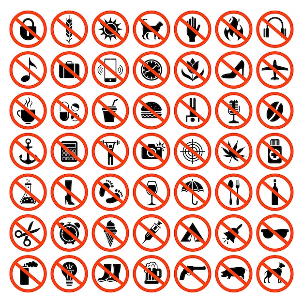 Vector forbidden icons. prohibiting red symbols no motorcycle animals guns sound phones parking car vector set. illustration forbidden big collection, prohibited and restrict