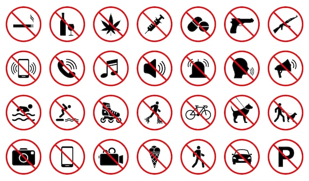 Forbidden Pictogram Set Attention Restriction Zone Black Silhouette Icon Caution Red Stop Symbol