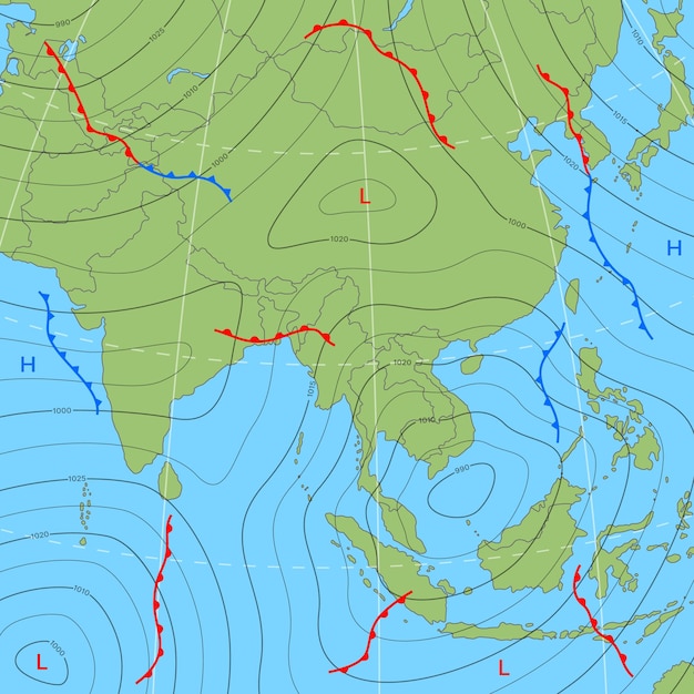 Forecast weather isobar map of Asia wind fronts