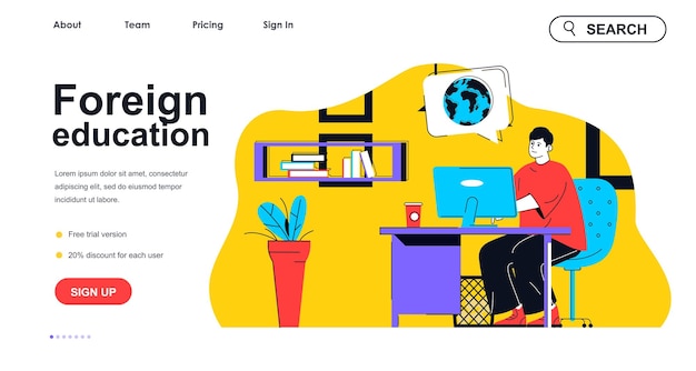 Foreign education concept for landing page template Man studies at computer at international university Online learning people scene Vector illustration with flat character design for web banner