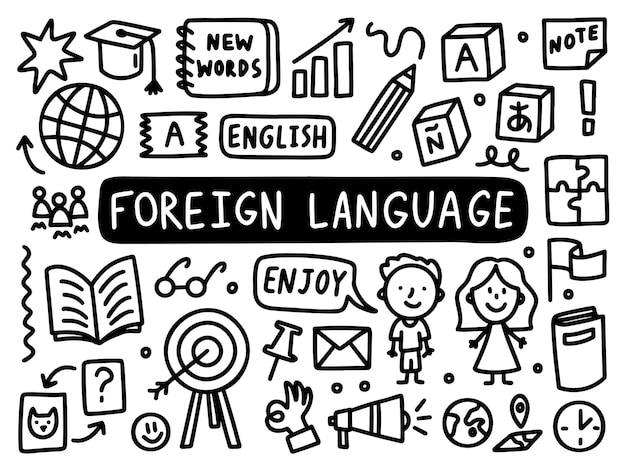 Foreign language doodle line set school university Outline subject