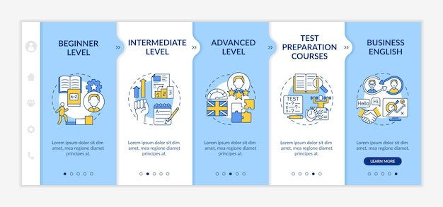 Modello di inserimento dei livelli di apprendimento delle lingue straniere. principiante. livello avanzato. test di corsi di preparazione. sito web mobile reattivo con icone. schermate di passaggio della procedura guidata della pagina web concetto di colore rgb