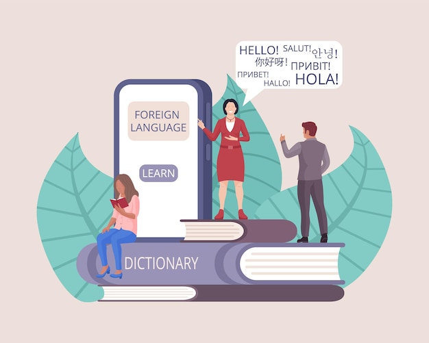 App mobile per l'apprendimento delle lingue straniere e la traduzione online. servizio educativo per lo studio, biblioteca internet con dizionario per illustrazione vettoriale di comunicazione globale di conversazione internazionale