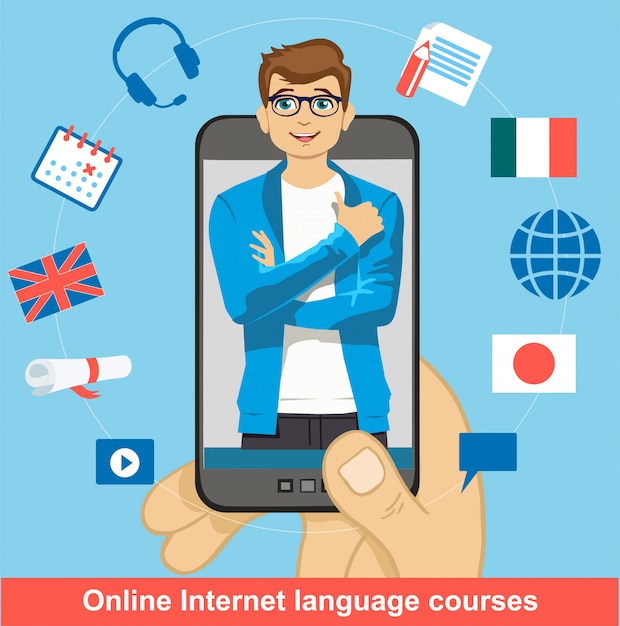 Apprendimento online delle lingue straniere. smartphone nel palmo dell'uomo con un insegnante su di esso. scuola di lingue straniere. metodi di studio moderni.