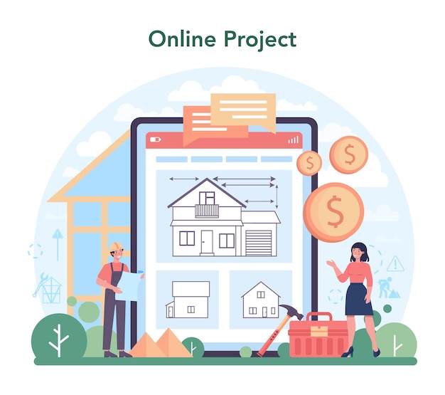 フォアマンオンラインサービスまたはプラットフォーム。建設現場をリードするメインエンジニア。住宅建設業。オンラインプロジェクト。フラットベクトルイラスト。