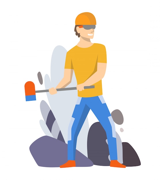 Vector foreman or worker for building construction. isolated character. man wearing uniform and using hammer for her job