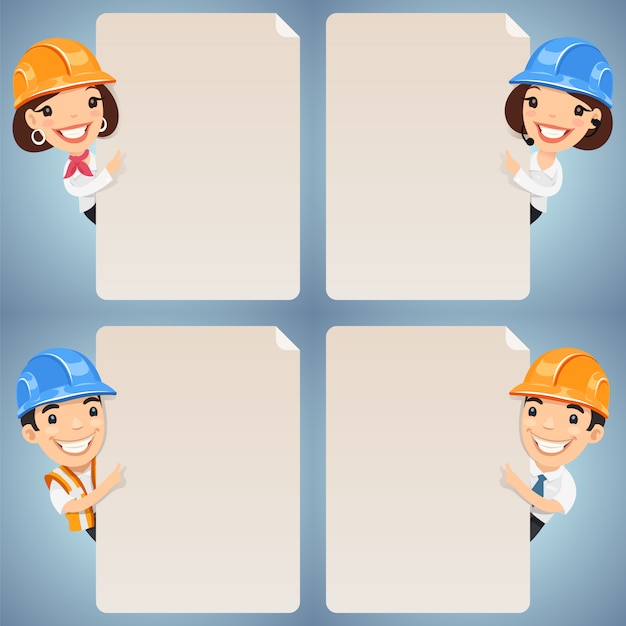 Foremen Cartoon Characters Looking at Blank Poster Set