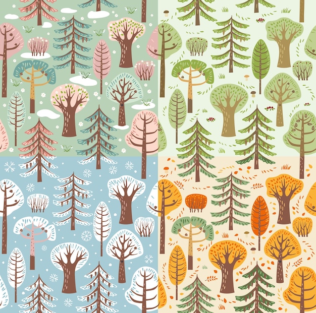 Vector forest 4 seasons spring summer autumn and winter pass into each other in