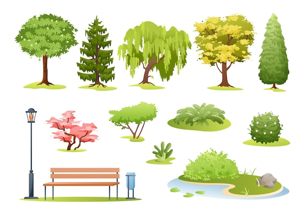 Вектор Лесные и парковые деревья. мультяшные деревья, кусты с цветами, папоротник и парк