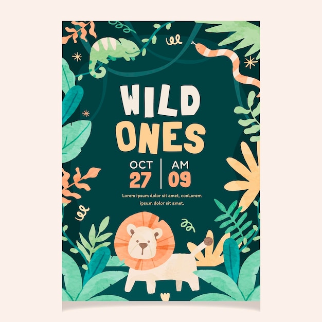 Forest Animal Kids Flyer Приглашение шаблон акварель, нарисованный вручную