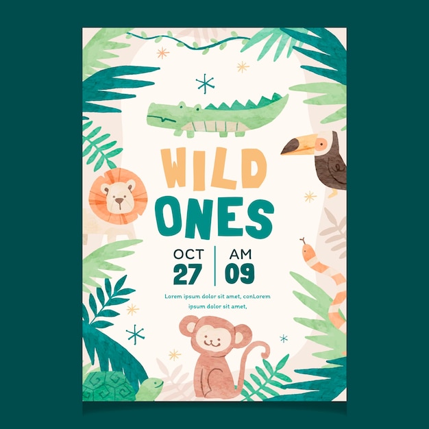 Forest Animal Kids Flyer Приглашение шаблон акварель, нарисованный вручную