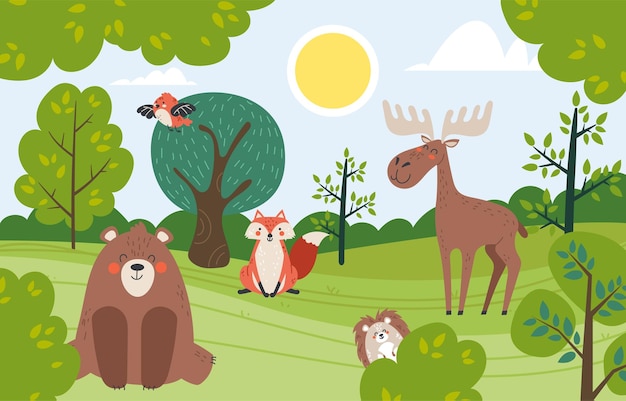 Vector forest animal vector woodland nature background tree landscape concept