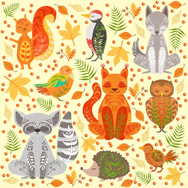 Forest animals covered in crative ornaments illustration