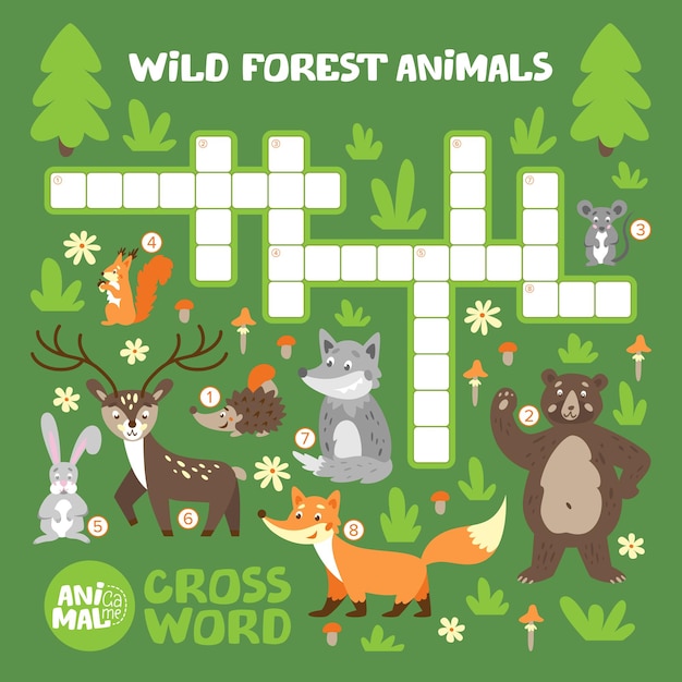 아이들을위한 숲 동물 크로스 워드 퍼즐 게임 폭스 사슴 곰 다람쥐 마우스 고슴도치 늑대