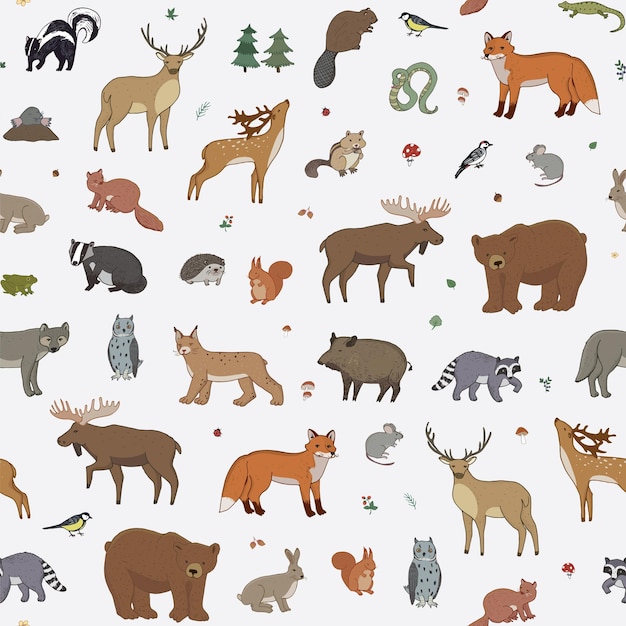 숲 동물 벡터 원활한 패턴