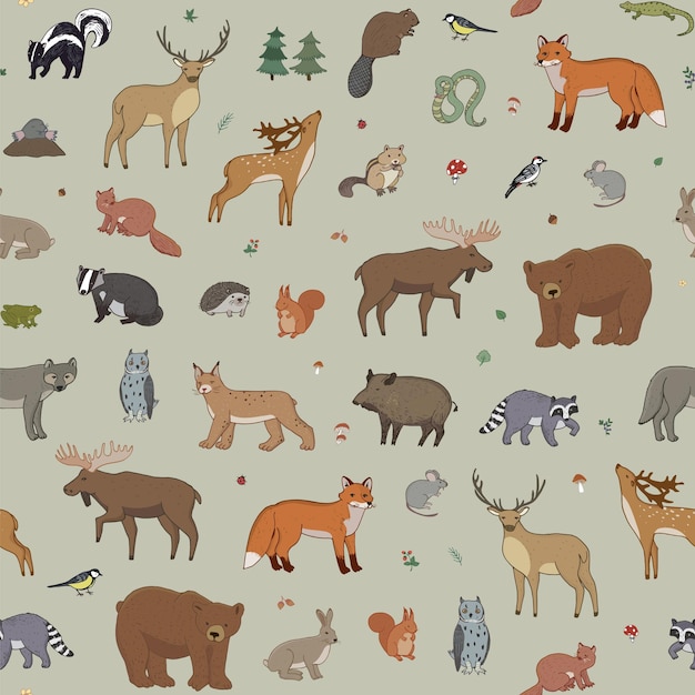 Vector forest animals vector seamless pattern