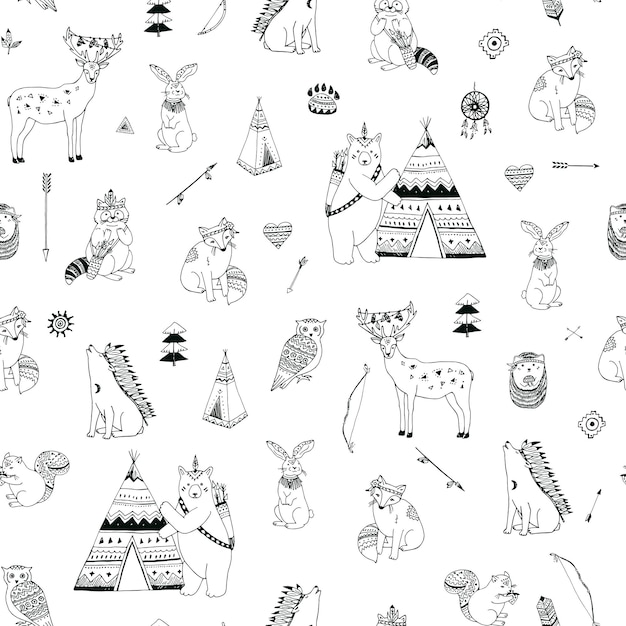 Forest animals vector tribal seamless pattern
