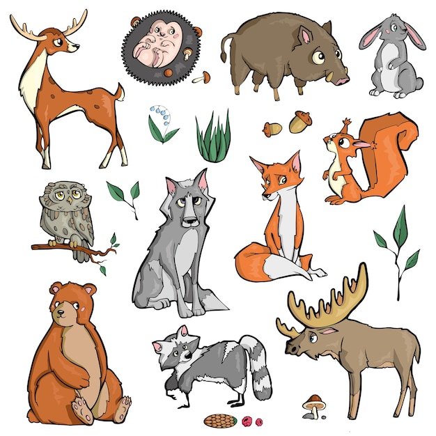 Forest animals on white background cute cartoon