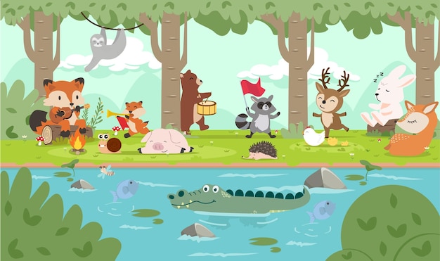 Forest animals in wild nature cartoon